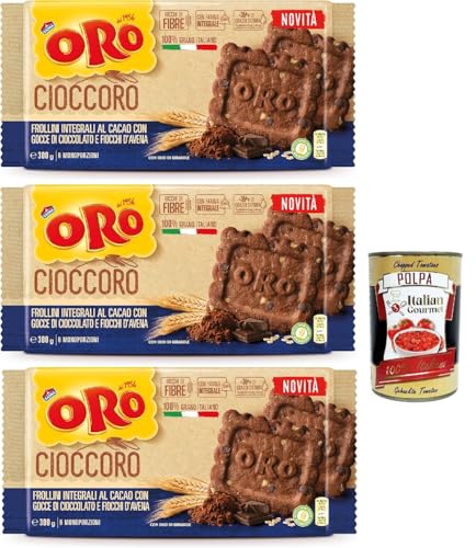 Oro Saiwa Cioccoro, Vollkorn-Kakao-Shortbread kekse mit Schokoladenstückchen und Haferflocken, Ballaststoffquelle, cookies mit 100 % italienischer Weizen, 3x 300 g + Italian Gourmet polpa 400g von Italian Gourmet E.R.