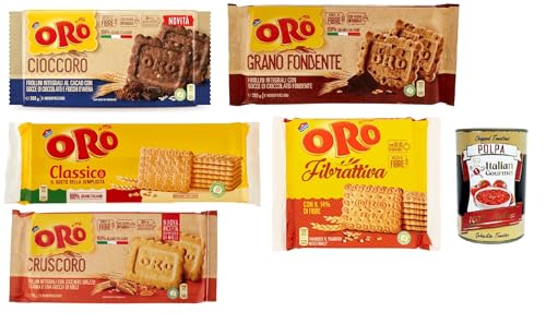 Oro Saiwa Testpaket , Classico - Grano fondente - Fibrattiva - Cruscoro - Cioccoro, Shortbread kekse, cookies mit 100 % italienischer Weizen, 5 stuck + Italian Gourmet polpa 400g von Italian Gourmet E.R.