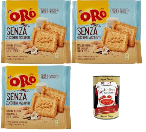 Oro Saiwa senza Zuccheri Aggiunti, Kekse ohne Zuckerzusatz, Vollkebekekuiten mit Vanille, Milch und Getreide, Faserquelle mit Vollkornmehl, 3x 300g, biscuits cookies + Italian Gourmet polpa 400g von Italian Gourmet E.R.