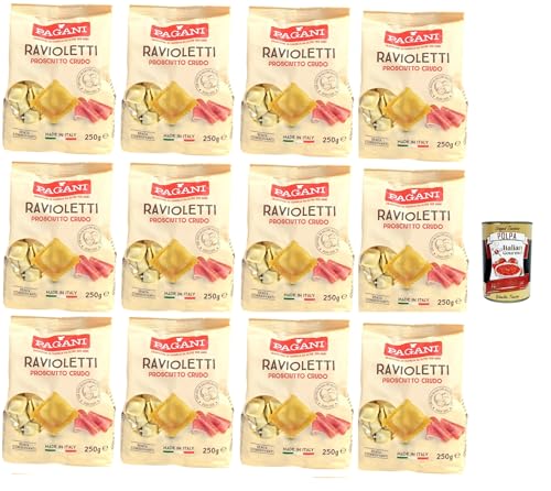 Pagani Ravioletti Prosciutto Crudo, Eiernudeln Pasta mit gehärtetem Schinken gefüllt, 12x 250g + Italian Gourmet polpa 400g von Italian Gourmet E.R.