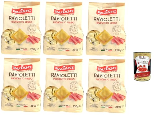 Pagani Ravioletti Prosciutto Crudo, Eiernudeln Pasta mit gehärtetem Schinken gefüllt, 6x 250g + Italian Gourmet polpa 400g von Italian Gourmet E.R.