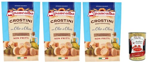 Panealba Crostini Mediterraneo con Olio di Oliva Croutons mit Olivenöl Gesalzener Snack Nicht Gebraten Nicht Frittiertes 3x 100g + Italian Gourmet polpa 400g von Italian Gourmet E.R.