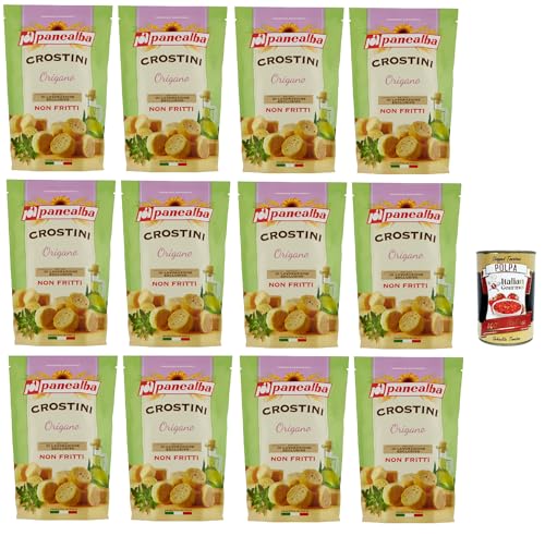 Panealba Crostini Origano Croutons mit Oregano Gesalzener Snack Nicht Gebraten Nicht Frittiertes 12x 100g + Italian Gourmet polpa 400g von Italian Gourmet E.R.