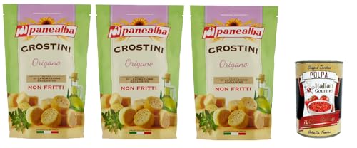 Panealba Crostini Origano Croutons mit Oregano Gesalzener Snack Nicht Gebraten Nicht Frittiertes 3x 100g + Italian Gourmet polpa 400g von Italian Gourmet E.R.