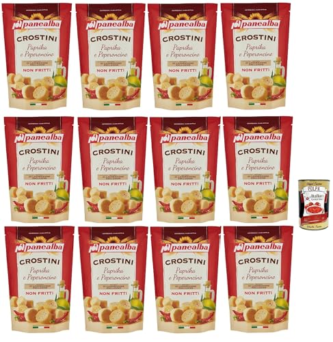 Panealba Crostini Paprika e Peperoncino Croutons mit Paprika and Chilli Gesalzener Snack Nicht Gebraten Nicht Frittiertes 12x 100g + Italian Gourmet polpa 400g von Italian Gourmet E.R.