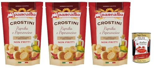 Panealba Crostini Paprika e Peperoncino Croutons mit Paprika and Chilli Gesalzener Snack Nicht Gebraten Nicht Frittiertes 3x 100g + Italian Gourmet polpa 400g von Italian Gourmet E.R.