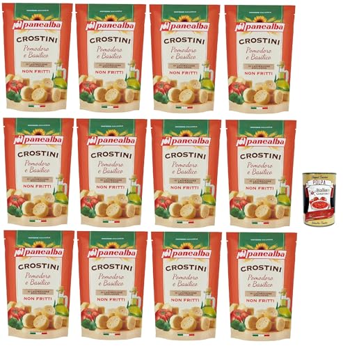 Panealba Crostini Pomodoro e Basilico Croutons mit Tomate und Basilikum Gesalzener Snack Nicht Gebraten Nicht Frittiertes 12x 100g + Italian Gourmet polpa 400g von Italian Gourmet E.R.