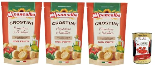 Panealba Crostini Pomodoro e Basilico Croutons mit Tomate und Basilikum Gesalzener Snack Nicht Gebraten Nicht Frittiertes 3x 100g + Italian Gourmet polpa 400g von Italian Gourmet E.R.