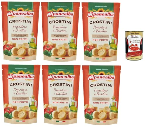 Panealba Crostini Pomodoro e Basilico Croutons mit Tomate und Basilikum Gesalzener Snack Nicht Gebraten Nicht Frittiertes 6x 100g + Italian Gourmet polpa 400g von Italian Gourmet E.R.