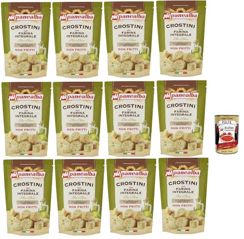 Panealba Crostini con Farina Integrale e Olio di Oliva, Croutons mit Vollmehl und Olivenöl Gesalzener Snack Nicht Gebraten Nicht Frittiertes, 12x 80 g + Italian Gourmet polpa 400g von Italian Gourmet E.R.