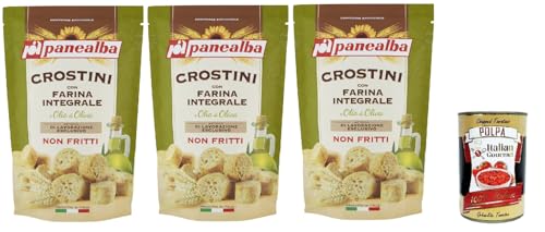 Panealba Crostini con Farina Integrale e Olio di Oliva, Croutons mit Vollmehl und Olivenöl Gesalzener Snack Nicht Gebraten Nicht Frittiertes, 3x 80 g + Italian Gourmet polpa 400g von Italian Gourmet E.R.