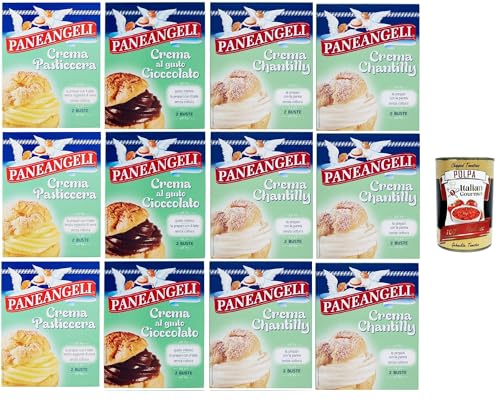 Paneangeli crema Testpaket Creme Chantilly Schokoalde Pudding Pulver Mischung Pudding kuchen, mit einem zarten Vanillegeschmack 12 stuck + Italian Gourmet polpa 400g von Italian Gourmet E.R.