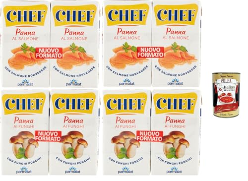 Parmalat Panna Chef Testpaket, Funghi und Salmone Sahne Kochcreme creme mit Lachs und Pilzen, double cream with salmon und mushroom, 4x (2x125ml) + Italian Gourmet polpa 400g von Italian Gourmet E.R.