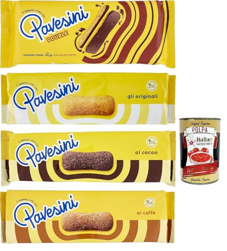 Pavesi Pavesini Testpaket, Snack Croccante Classico, Cioccolato, caffe', double, Knuspriger Snack mit dunkler Schokolade, leichter Snack, 4 Stücke + Italian Gourmet polpa 400g von Italian Gourmet E.R.