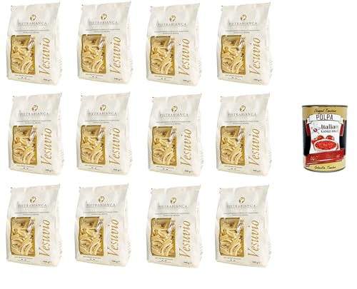 Pietrabianca, Pasta di Semola Artigianale trafilata al bronzo handgefertigte, aus Bronze gezogene Grießnudeln „Casarecce“ 12x500gr + Italian Gourmet polpa 400g von Italian Gourmet E.R.