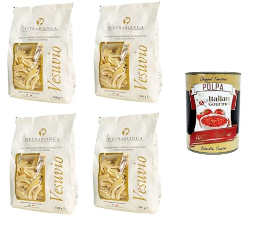 Pietrabianca, Pasta di Semola Artigianale trafilata al bronzo handgefertigte, aus Bronze gezogene Grießnudeln „Casarecce“ 4x500gr + Italian Gourmet polpa 400g von Italian Gourmet E.R.