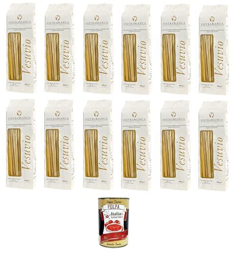 Pietrabianca, Pasta di Semola Artigianale trafilata al bronzo handgefertigte, aus Bronze gezogene Grießnudeln „Linguine“ 12x500gr + Italian Gourmet polpa 400g von Italian Gourmet E.R.