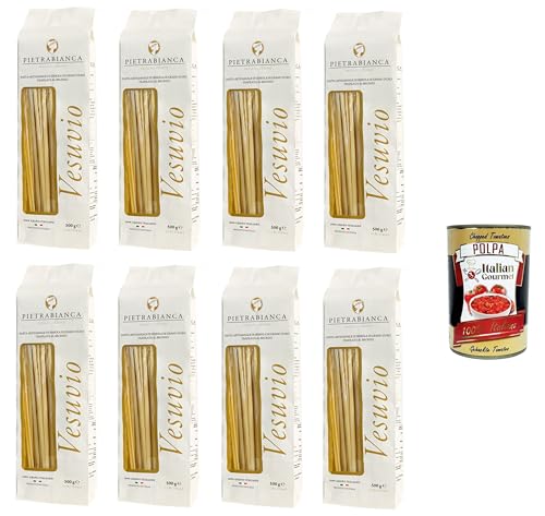 Pietrabianca, Pasta di Semola Artigianale trafilata al bronzo handgefertigte, aus Bronze gezogene Grießnudeln „Linguine“ 8x500gr + Italian Gourmet polpa 400g von Italian Gourmet E.R.