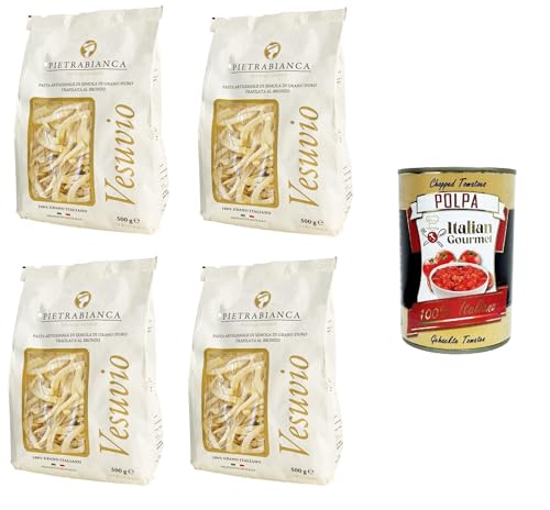 Pietrabianca, Pasta di Semola Artigianale trafilata al bronzo handgefertigte, aus Bronze gezogene Grießnudeln „Scialatielli“ 4x500gr + Italian Gourmet polpa 400g von Italian Gourmet E.R.