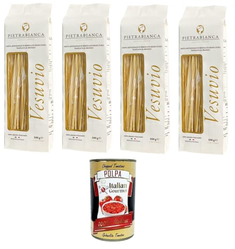 Pietrabianca, Pasta di Semola Artigianale trafilata al bronzo handgefertigte, aus Bronze gezogene Grießnudeln „Spaghetti“ 4x500gr + Italian Gourmet polpa 400g von Italian Gourmet E.R.