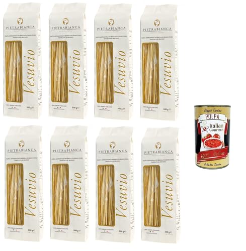 Pietrabianca, Pasta di Semola Artigianale trafilata al bronzo handgefertigte, aus Bronze gezogene Grießnudeln „Spaghetti“ 8x500gr + Italian Gourmet polpa 400g von Italian Gourmet E.R.