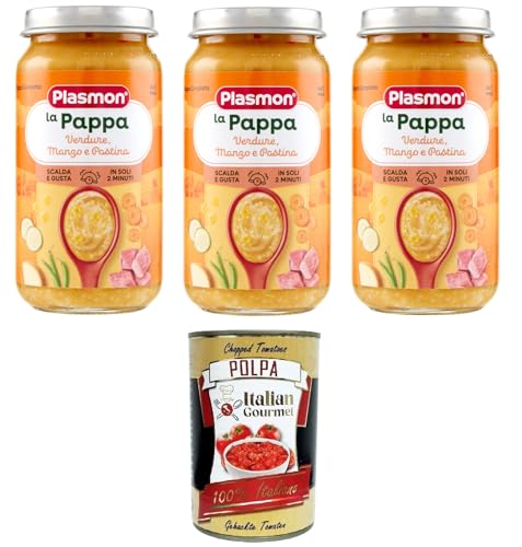 Plasmon La Pappa Verdure, Manzo e Pastina Gemüse, Rindfleisch und Nudeln 3x200 g+ Italian Gourmet Polpa di Pomodoro 400g von Italian Gourmet E.R.