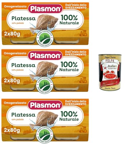Plasmon Pesce Platessa con Patate, 3x (2x 80g) , Mit ausgewählten Zutaten, 100% natürlich, Ohne Stärken und Salz hinzugefügt + Italian Gourmet polpa 400g von Italian Gourmet E.R.
