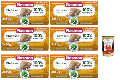 Plasmon Pesce Platessa con Patate, 6x (2x 80g) , Mit ausgewählten Zutaten, 100% natürlich, Ohne Stärken und Salz hinzugefügt + Italian Gourmet polpa 400g von Italian Gourmet E.R.