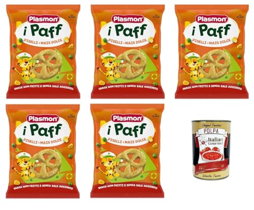 Plasmon Snack i Paff Erbsen und Zuckermais, 15 g, 5 Packungen. Snacks, nicht frittiert und ohne Salzzusatz, perfekt für die kleinen Hände Ihres Kindes + Italian Gourmet polpa 400g von Italian Gourmet E.R.