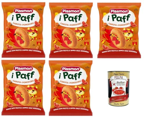 Plasmon Snack i Paff Karotten und Tomaten, 15 g, 5 Packungen. Snacks, nicht frittiert und ohne Salzzusatz, perfekt für die kleinen Hände Ihres Kindes + Italian Gourmet polpa 400g von Italian Gourmet E.R.