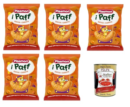 Plasmon Snack i Paff Kürbis und Karotten 15gr 5 Packungen Snacks, nicht frittiert und ohne Salzzusatz, perfekt für die kleinen Hände Ihres Kindes + Italian Gourmet polpa 400g von Italian Gourmet E.R.