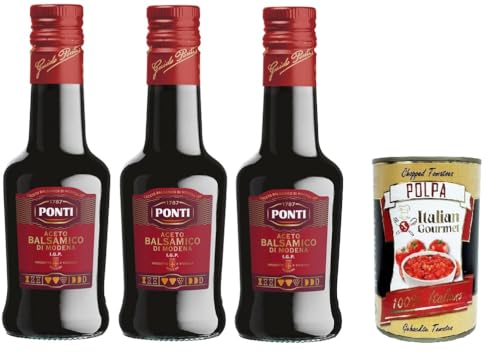 Ponti Aceto Balsamico Modena Etichetta Rossa, Balsamico-Essig aus Modena Rotes Etikett, 3x250ml + Italian Gourmet polpa 400g von Italian Gourmet E.R.