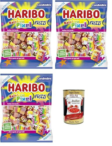 Rainbow Pixel Caramelle Gommose Frizzanti, Gusto Frutta, Funkelnde Gummibonkänen, Obstgeschmack 3x 160g + Italian Gourmet polpa 400g von Italian Gourmet E.R.