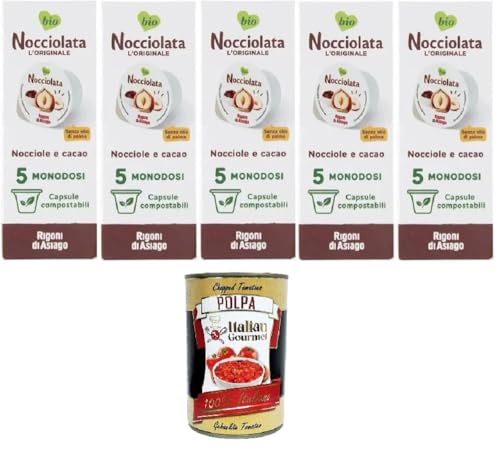 Rigoni D'asiago Nocciolata L'originale Nocciola e Cacao 5 monodosi Nocciolata Das Original aus Haselnuss und Kakao, 5 Einzeldosen 5x100gr +Italian Gourmet Polpa di Pomodoro 400gr von Italian Gourmet E.R.