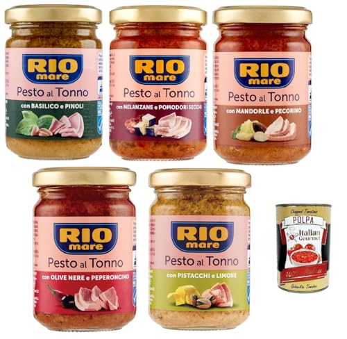 Rio Mare Pesto al Tonno testpaket, Thunfischpesto kochsauce mit Mandeln und Pecorino - mit Pistazien und Zitrone - mit schwarzen Oliven und Chili 5x 130g + Italian Gourmet polpa 400g von Italian Gourmet E.R.