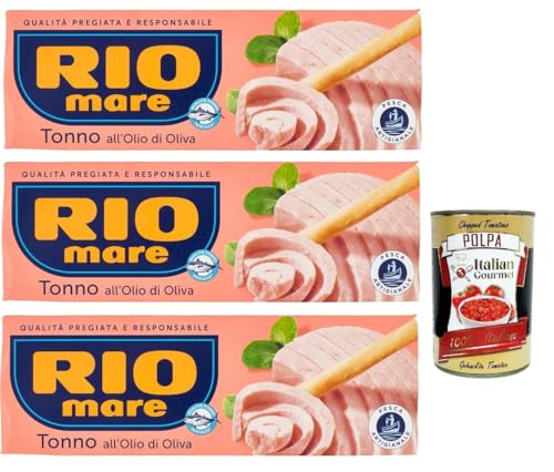 Rio Mare Tonno all' olio di oliva , tuna in olive oil 3x 195g (3x 65g) Thunfisch in Olivenöl, Hochwertiger Gelbflossen-Thunfisch + Italian Gourmet polpa 400g von Italian Gourmet E.R.