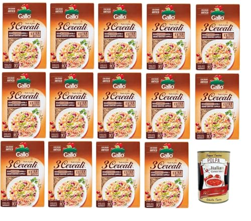 Riso Gallo- 3 Cereali. Riso integrale,avena e Grano senatore Cappelli 3 Getreide. Brauner Reis, Hafer und Senatore Cappelli-Weizen 14x 400gr + Italian Gourmet Polpa di Pomodoro 400g von Italian Gourmet E.R.