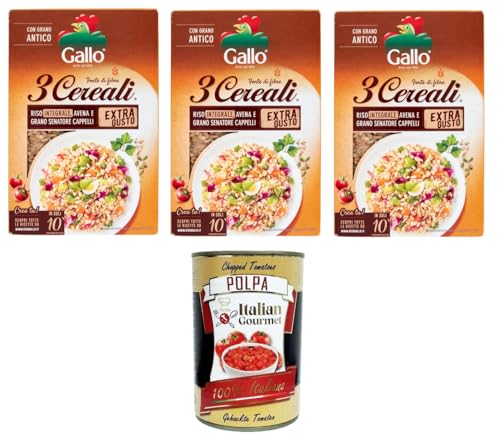 Riso Gallo- 3 Cereali. Riso integrale,avena e Grano senatore Cappelli 3 Getreide. Brauner Reis, Hafer und Senatore Cappelli-Weizen 3x 400gr + Italian Gourmet Polpa di Pomodoro 400g von Italian Gourmet E.R.