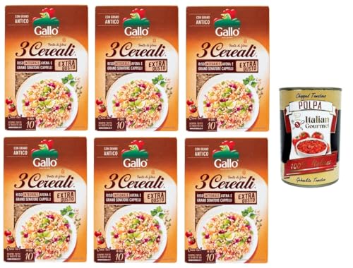 Riso Gallo- 3 Cereali. Riso integrale,avena e Grano senatore Cappelli 3 Getreide. Brauner Reis, Hafer und Senatore Cappelli-Weizen 6x 400gr + Italian Gourmet Polpa di Pomodoro 400g von Italian Gourmet E.R.