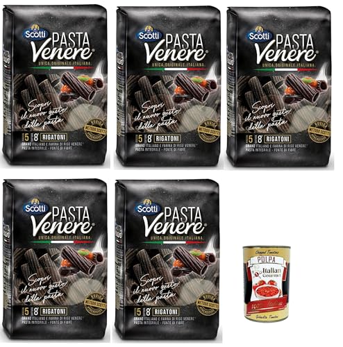 Riso Scotti, Pasta Venere Rigatoni Integrale di Riso Venere, Reispaste, Vollkorn, Faserquelle, Phosphor und Proteine, ideal für eine ausgewogene Ernährung, 5x 400 g + Italian Gourmet polpa 400g von Italian Gourmet E.R.