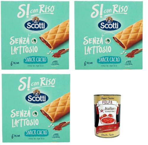 Riso Scotti, Si con Riso, Barretta Snack con Farina di Riso e Ripieno al Cacao, Snackriegel mit Reismehl und laktosefreier Kakaofüllung, Palmöl ohne, 3x 150g + Italian Gourmet polpa 400g von Italian Gourmet E.R.