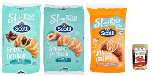 Riso Scotti, Si con Riso - Cornetti Testpaket, Laktosefreie Croissants mit Haselnusscreme, Pfirsichfüllung und Vollkornehl– Kuchen Laktosefreie süßer Snacks, 3x 240g + Italian Gourmet polpa 400g von Italian Gourmet E.R.