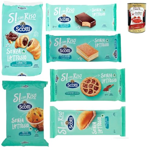 Riso Scotti, Si con Riso - Merendine Testpaket, Laktosefreie Croissants, Muffin, Plumcake Crostatine Kuchen Laktosefreie süßer Snacks, 7 Stuck + Italian Gourmet polpa 400g von Italian Gourmet E.R.