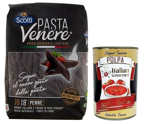 Riso Scotti Pasta Venere Penne Rigate,Pasta aus Hartweizengrieß und Schwarzem Venere-Vollkornreismehl,Packung mit 400g + Italian Gourmet Polpa di Pomodoro 400g Dose von Italian Gourmet E.R.