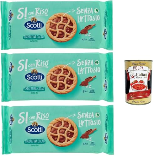 Riso Scotti Si con Riso, Crostatina Cacao, Kuchen Kekse mit laktosefreier Schokoladencreme, ideal zum Frühstück, ohne Palmöl, ohne Milchproteine, 3x 144 gr + Italian Gourmet polpa 400g von Italian Gourmet E.R.