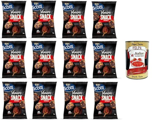 Riso Scotti Venere Snack Paprika, brauner Reis, knuspriger und leckerer, nicht frittierter Snack für Pausen und Aperitifs, glutenfrei, 100% pflanzlich, 12x50 g+ Italian Gourmet polpa 400g von Italian Gourmet E.R.