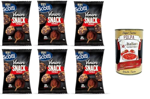 Riso Scotti Venere Snack Paprika, brauner Reis, knuspriger und leckerer, nicht frittierter Snack für Pausen und Aperitifs, glutenfrei, 100% pflanzlich, 6x50 g+ Italian Gourmet polpa 400g von Italian Gourmet E.R.