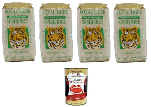 Royal Tiger Riso per Sushi Premium Quality Royal Tiger Sushi-Reis in Premiumqualität 4x1kg+ Italian Gourmet Polpa di Pomodoro 400g Dose von Italian Gourmet E.R.