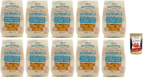 Rummo Pasta Nudeln Glutenfreie Mezze Penne Rigate, Bronze Gezeichnete gluteinfrei, perfekt für Menschen mit Zöliakie oder Glutenunverträglichkeit, 10x 400 g + Italian Gourmet polpa 400g von Italian Gourmet E.R.