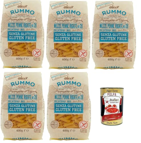 Rummo Pasta Nudeln Glutenfreie Mezze Penne Rigate, Bronze Gezeichnete gluteinfrei, perfekt für Menschen mit Zöliakie oder Glutenunverträglichkeit, 5x 400 g + Italian Gourmet polpa 400g von Italian Gourmet E.R.